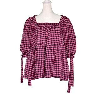 Top Shop Pink Neon Check Chuck On Blouse (Size 8)